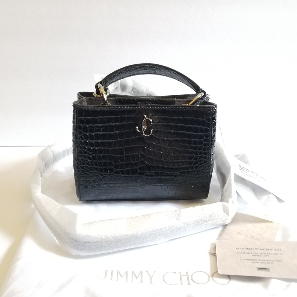 Jimmy Choo Mini Varenne Croc-Embossed Patent Crossbody Bag Black